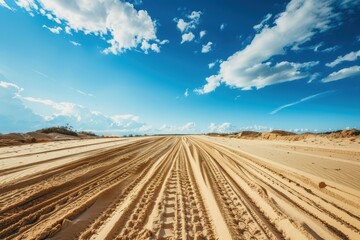 motorcross and auto track against blue sky with wheel marks in sand