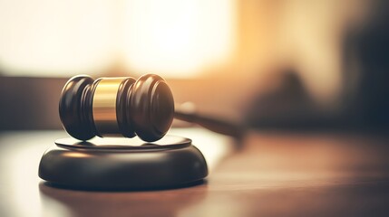 Close-up of a gavel on a wooden desk, symbolizing authority and importance of election rules, with copy space for text or design