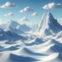 3D Plain snowy mountain range with distant clouds and copy space concept as A majestic snowy mountain range stretches across the horizon with a clear blue sky and distant clouds offering ample copy sp