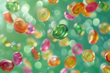 Round colorful Jelly falling in the air   on green  background ,  created by ai