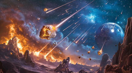 A dramatic cosmic event unfolds with asteroids colliding and fiery explosions across a distant alien landscape at twilight