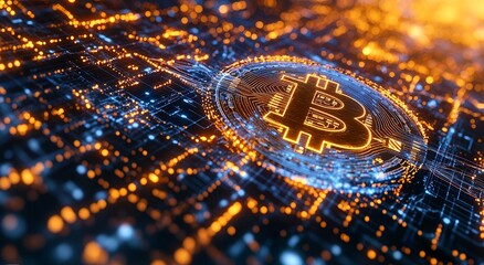 Poster - A glowing Bitcoin symbol sits on a circuit board, representing the digital currency.