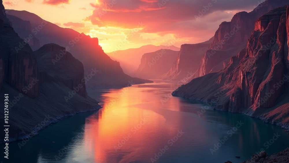 Sunset over a river winding through dramatic canyon cliffs, vibrant sky ...