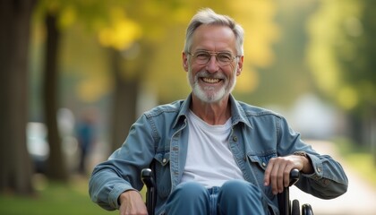 Wall Mural - A man in a blue jacket and white shirt is smiling and sitting in a wheelchair