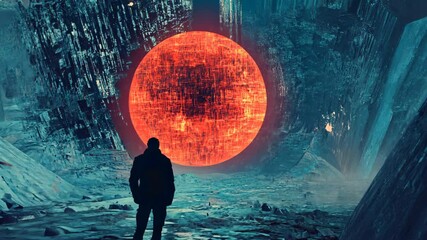 Wall Mural - A lone figure stands before a massive red orb, surrounded by an alien landscape