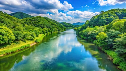 Fresh green landscape along the Shimanto River in Kochi prefecture, Japan