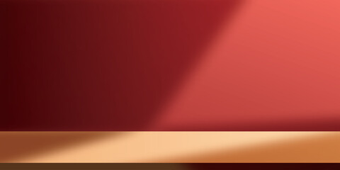 Aufkleber - Empty table display on dark red wall. Background with window light and shadow. Mockup for presentation, branding products, cosmetics, food, technology or jewelry. Premium background