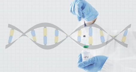Aufkleber - Animation of dna strand moving over hands of doctor preparing hpv vaccine on grey background