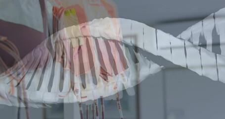 Poster - Animation of dna strand moving over full drip bags in hospital