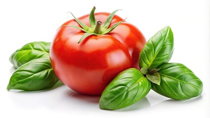 Wall Mural - Fresh red tomato and basil leaves in forced perspective on white background