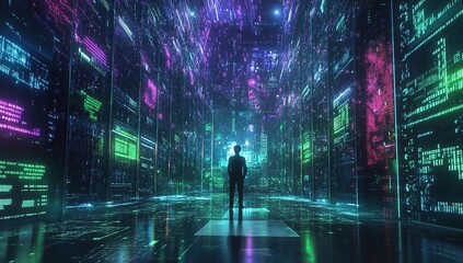 Poster - A futuristic data center scene with glowing holographic displays and digital code flowing
