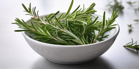 Fresh rosemary sprigs in a white bowl, displaying fragrant herbs ideal for cooking and using as a natural seasoning