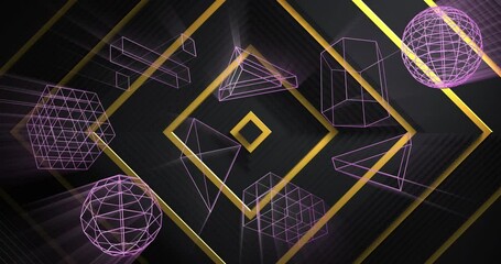 Poster - Animation of 3d geometric shapes over gold line squares on black background