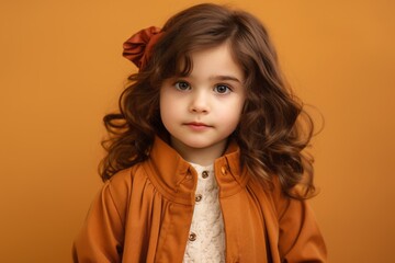 Portrait of a cute little girl with curly hair on a orange background.