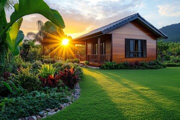 Old wooden farmhouse and a well-maintained garden, representing traditional rural life and sustainable agriculture, with the sun setting behind the home