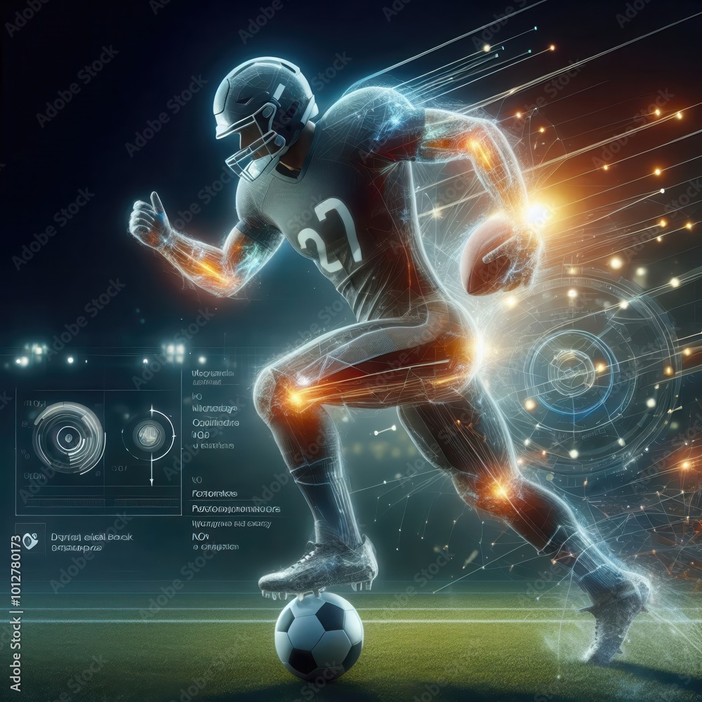 Dynamic digital concept of a football player in action, illustrating ...