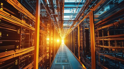 Poster - A captivating view of a data center filled with server racks, illuminated by warm light, showcasing the technology within.