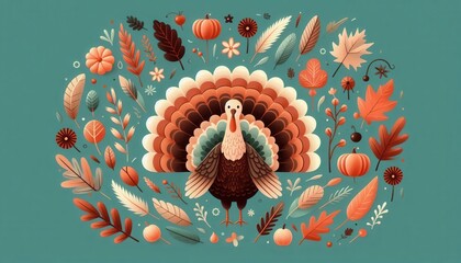 Wall Mural - A whimsical illustration of a turkey surrounded by autumn leaves, pumpkins, and floral elements, perfect for Thanksgiving-themed designs and seasonal marketing.