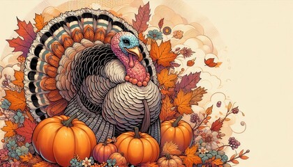 Wall Mural - A beautifully illustrated turkey surrounded by autumn leaves and pumpkins, perfect for Thanksgiving-themed projects, promotions, or seasonal decor.