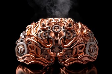  Steampunk brain composed of copper pipes, intricate gears turning, with steam leaking from its metallic surface