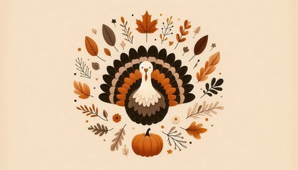 Wall Mural - Celebrate Thanksgiving with this charming illustration of a turkey surrounded by autumn leaves and a pumpkin, perfect for holiday promotions and seasonal designs.