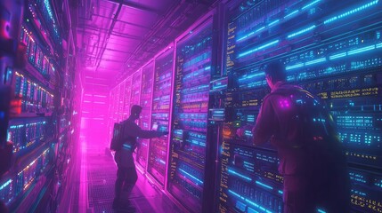 Poster - A futuristic data center with vibrant neon lights and professionals managing servers in a high-tech environment.
