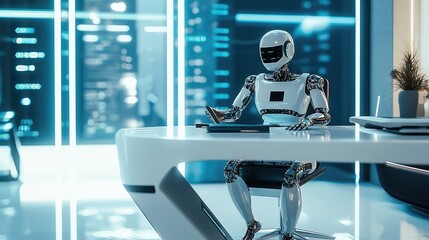 Poster - A futuristic robot sits at a sleek desk, engaging with technology in a modern workspace filled with ambient lighting.