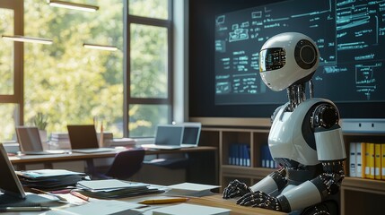 Poster - A futuristic robot sits in a modern office, surrounded by technology and screens, embodying innovation and artificial intelligence.