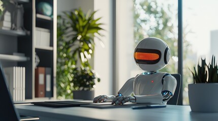 Poster - A futuristic robot working in a modern office, showcasing advanced technology and a sleek design amidst greenery and a bright environment.