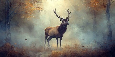 Wall Mural - a majestic deer stands in a foggy forest, with the warm colors of autumn foliage peaking through the