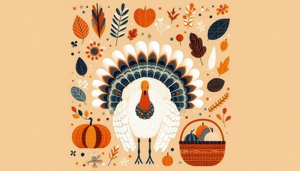 Wall Mural - Celebrate autumn with this charming illustration featuring a turkey, pumpkins, and fall elements. Perfect for Thanksgiving-themed designs and seasonal promotions.