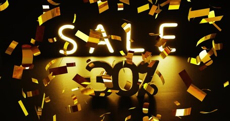 Poster - Animation of gold confetti over sale -30 percent text in white on black background