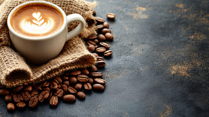 background of the process making latte art coffee in Cafe, fresh beans, roasted beans, and a CUP of coffee