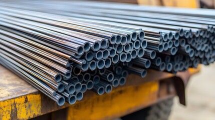 Transport truck loaded with neatly stacked steel rebar, showcasing industrial strength and efficiency in construction logistics