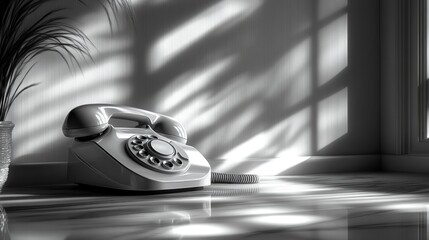 Poster - A vintage telephone resting on a polished floor with soft shadows.