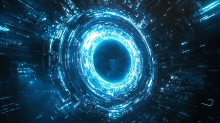 Aufkleber - A vibrant digital vortex of blue light, conveying a sense of depth and motion, resembling a portal or a black hole in a futuristic setting.