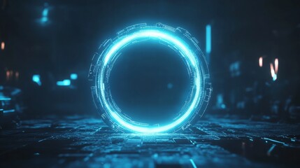 Aufkleber - A glowing blue circular portal surrounded by a digital landscape, creating a futuristic and mystical atmosphere.