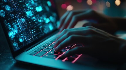 Poster - Close-up of Hands Typing on Laptop with Blue and Red Lights
