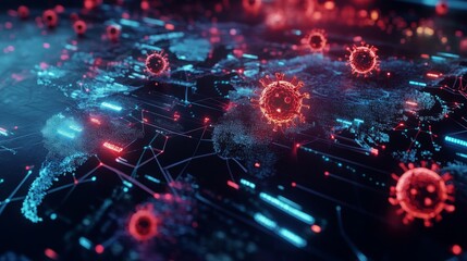 Aufkleber - A digital illustration depicting a connected network with glowing red virus-like structures, symbolizing the spread of infection in a technological environment.