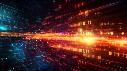 Aufkleber - A vibrant, abstract representation of data streams and digital information, showcasing dynamic light patterns in blue, orange, and red hues.