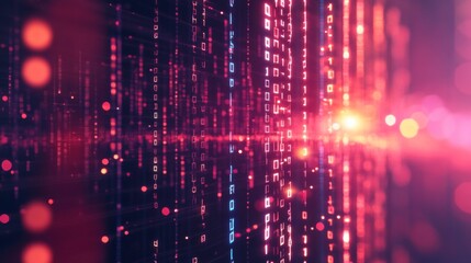 Fototapete - A vibrant digital landscape of glowing binary code interwoven with light particles, evoking a futuristic tech environment.
