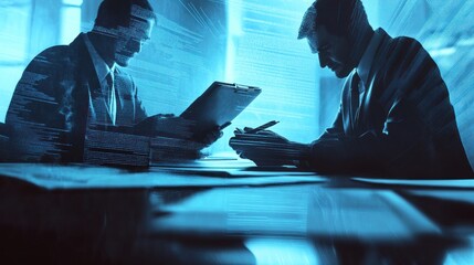 Poster - Two professionals engaged in a discussion with documents, set in a high-tech environment.