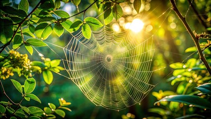 A spiderweb woven with intricate detail, suspended in the golden glow of the morning sun, casting a delicate web of shadows across the lush green foliage.