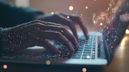 Poster - Hands Typing on Laptop with Digital Overlay