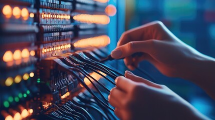Poster - A technician managing network cables inside a server room, ensuring optimal connectivity and performance.