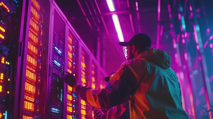 Poster - A technician manages server technology in a vibrant, colorful data center, showcasing modern digital infrastructure.