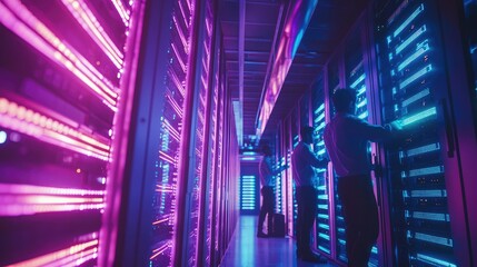 Poster - A technician operates servers in a modern data center illuminated by vibrant blue and pink lights, showcasing advanced technology.