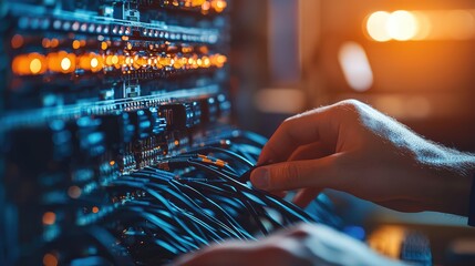 Poster - A technician's hand connecting cables in a server rack, showcasing the intricate details of networking equipment.