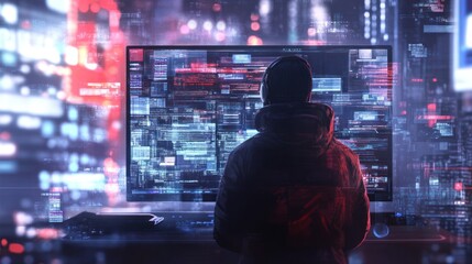 Poster - A person in a hoodie observes a digital screen filled with data and graphics.