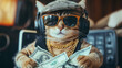 © ImageKing - A stylish cat, dressed like a cool businessman, wears sunglasses, a hat, headphones, and a gold chain. He holds a pile of money, representing his success in the world of finance and cryptocurrency.
